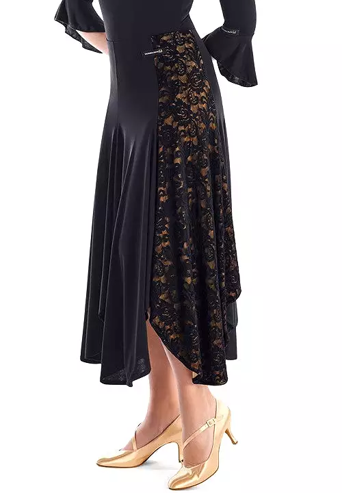 Victoria Blitz Pachino Black Ballroom Practice Skirt with a Floral Lace Panel on the Side with Nude Lining and Asymmetrical Heml