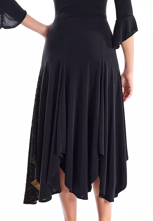 Victoria Blitz Pachino Black Ballroom Practice Skirt with a Floral Lace Panel on the Side with Nude Lining and Asymmetrical Heml