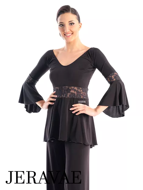 Victoria Blitz Reggio Ballroom or Latin Black Practice V-Neck Top with 3/4 Bell Sleeves, Flared Bottom, and Lace Patterned Bands