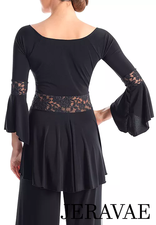 Victoria Blitz Reggio Ballroom or Latin Black Practice V-Neck Top with 3/4 Bell Sleeves, Flared Bottom, and Lace Patterned Bands