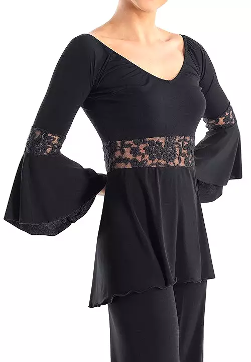 Victoria Blitz Reggio Ballroom or Latin Black Practice V-Neck Top with 3/4 Bell Sleeves, Flared Bottom, and Lace Patterned Bands