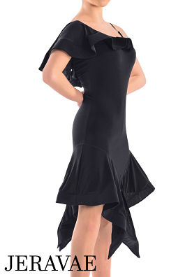 Victoria Blitz Siracusa Black Latin Practice Dress with Frill on One Shoulder, Unique Asymmetrical Skirt, and Open Back PRA 723 