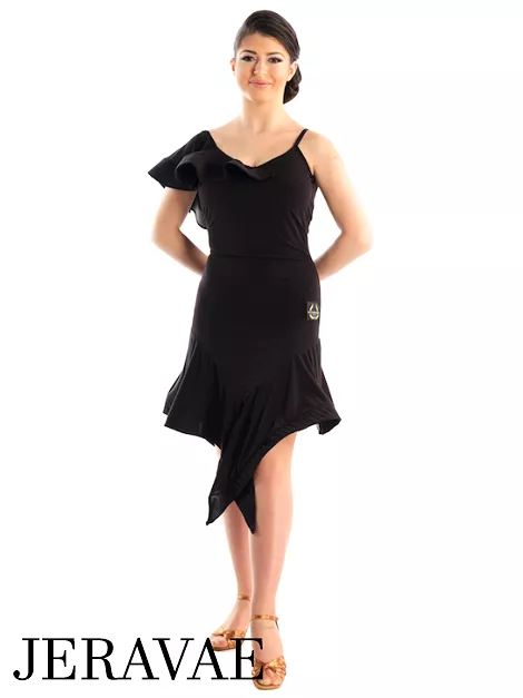 Victoria Blitz Siracusa Black Latin Practice Dress with Frill on One Shoulder, Unique Asymmetrical Skirt, and Open Back PRA 723 