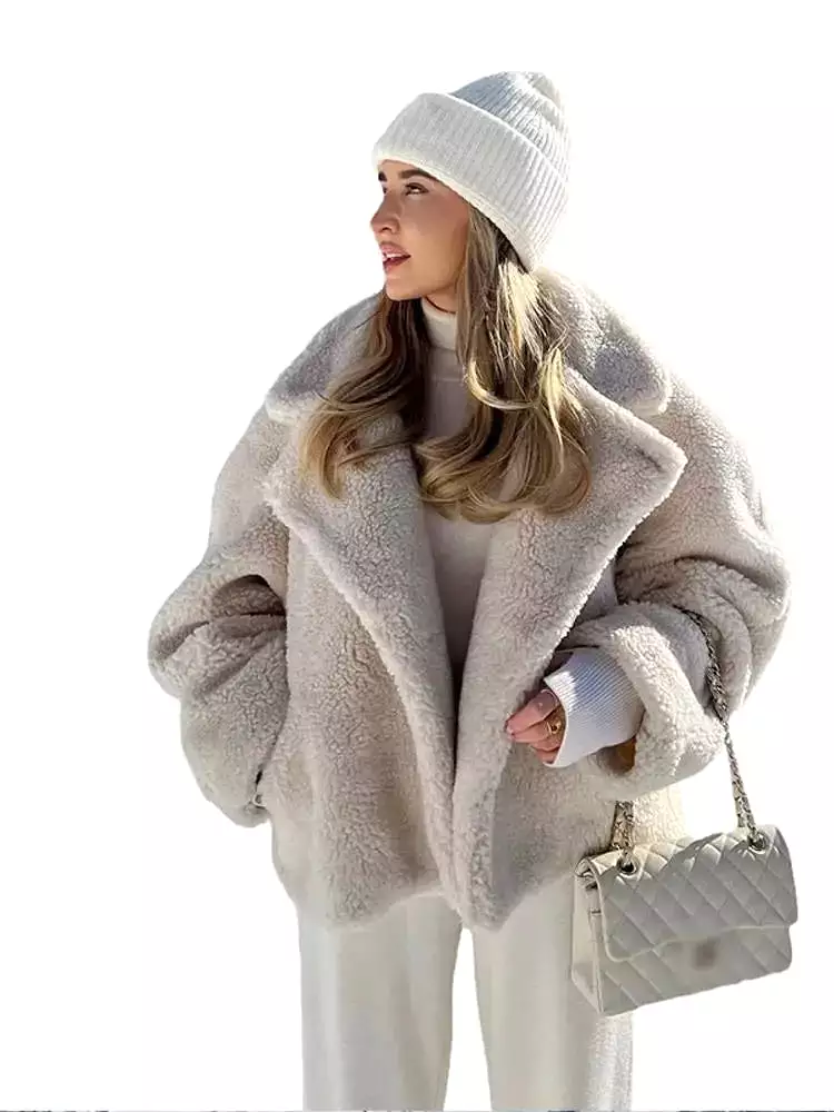 Warm Lambswool Furry Coat Women Turndown Collar Faux Fur Coat