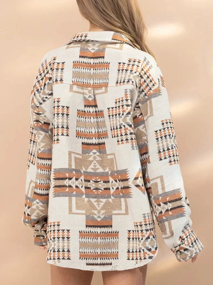 Western Vintage Women Aztec Printed Jacket Long Sleeved Splicing Loose Wool Coat