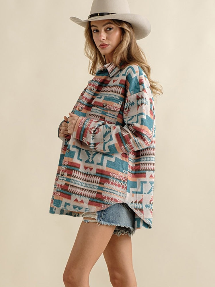 Western Vintage Women Aztec Printed Jacket Long Sleeved Splicing Loose Wool Coat