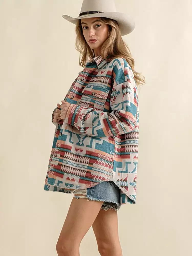 Western Vintage Women Aztec Printed Jacket Long Sleeved Splicing Loose Wool Coat