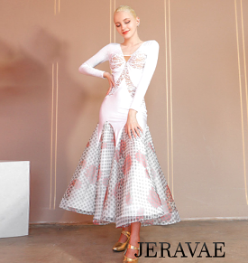 White Ballroom Dress with Lace, Red Flowers on Polka Dot Skirt, and Nude Underlayer PRA 787_sale