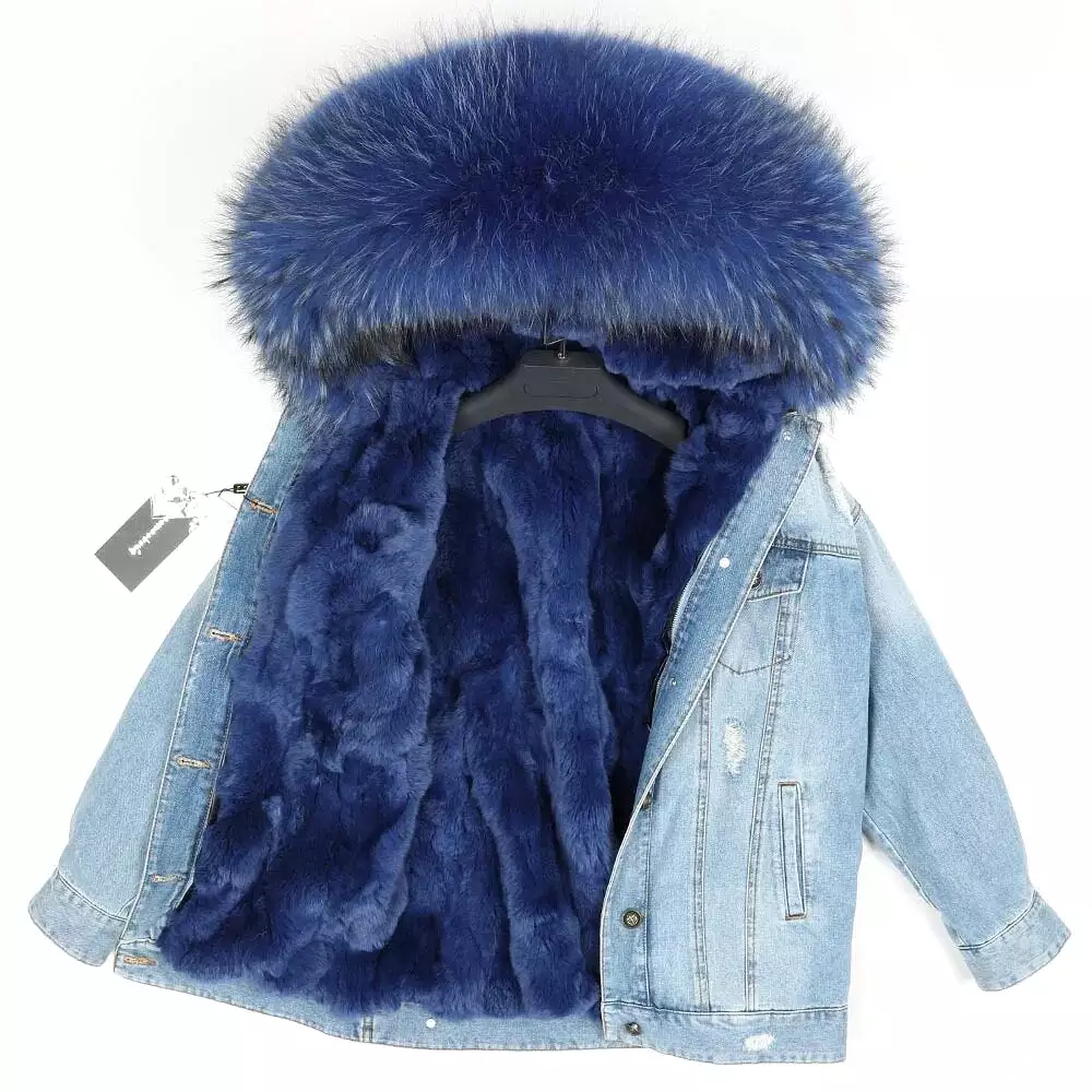 Winter Denim Jacket Parka Winter Women Parkas Real Fur Collar Coat Natural Raccoon Fur Hood Real Rabbit Fur Liner Luxury