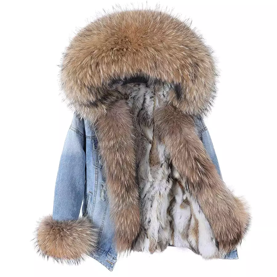 Winter Denim Jacket Parka Winter Women Parkas Real Fur Collar Coat Natural Raccoon Fur Hood Real Rabbit Fur Liner Luxury