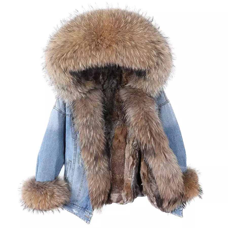 Winter Denim Jacket Parka Winter Women Parkas Real Fur Collar Coat Natural Raccoon Fur Hood Real Rabbit Fur Liner Luxury