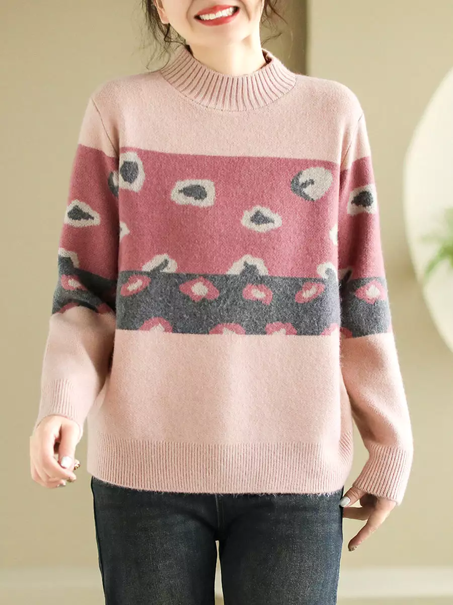 Women Artsy Print O-Neck Wool Knitted Sweater