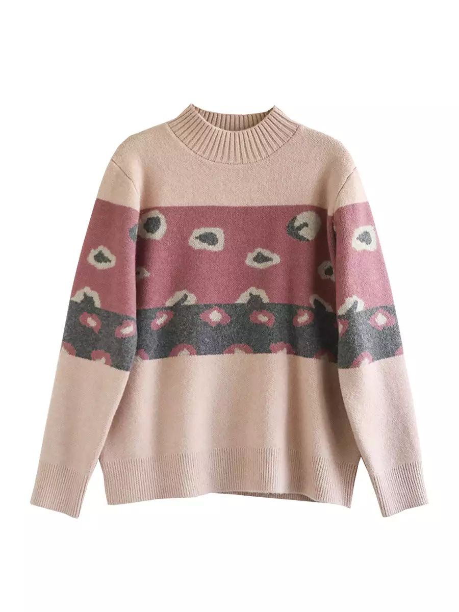 Women Artsy Print O-Neck Wool Knitted Sweater