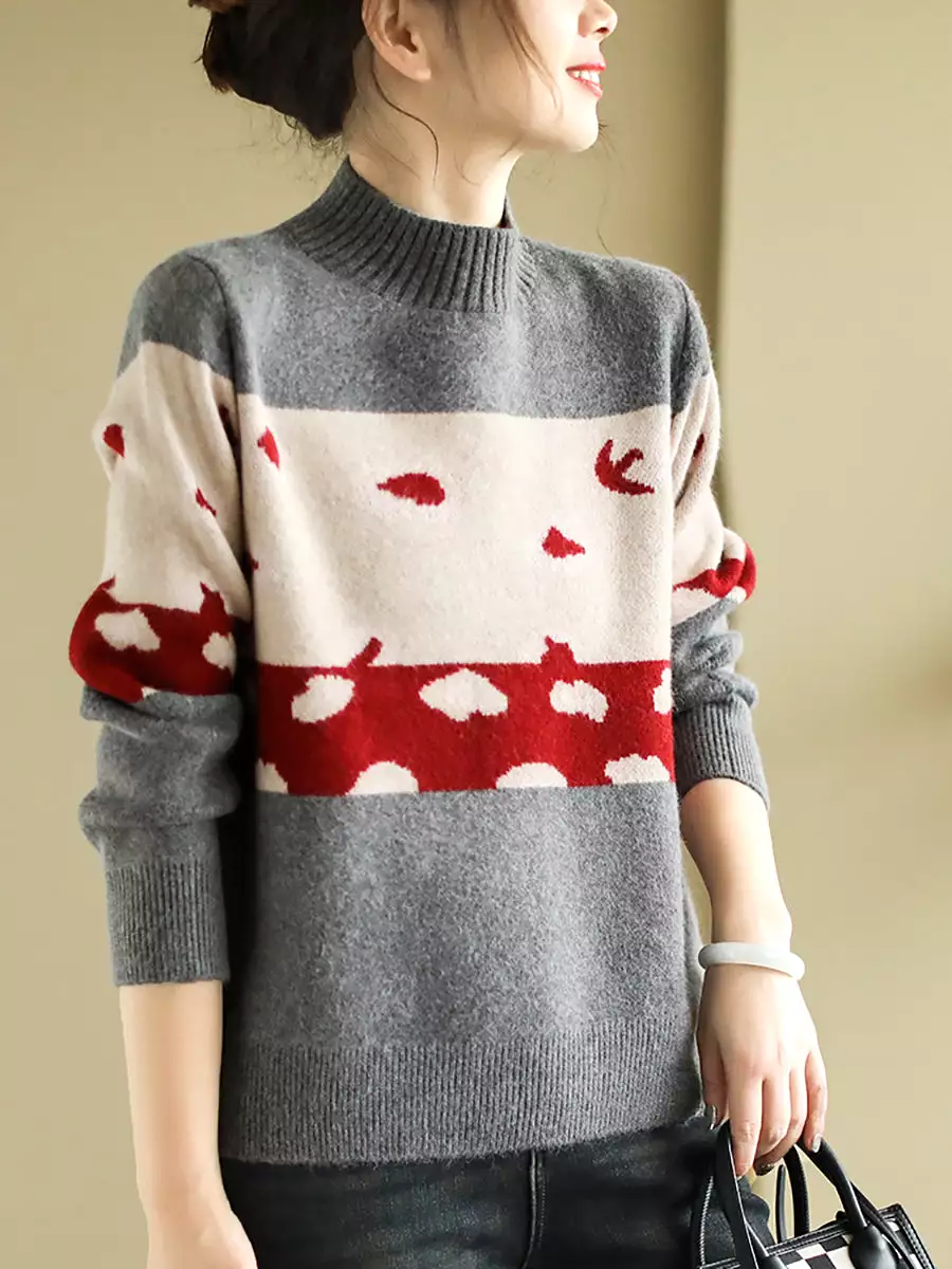 Women Artsy Print O-Neck Wool Knitted Sweater