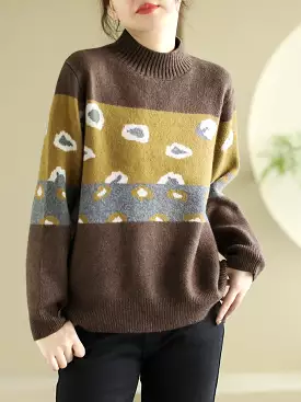 Women Artsy Print O-Neck Wool Knitted Sweater