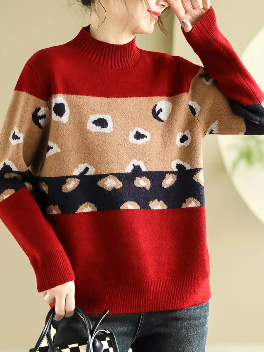 Women Artsy Print O-Neck Wool Knitted Sweater