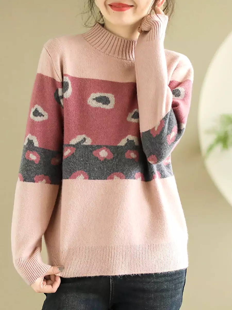 Women Artsy Print O-Neck Wool Knitted Sweater