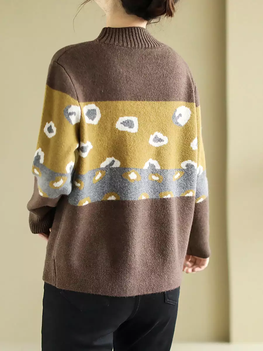 Women Artsy Print O-Neck Wool Knitted Sweater