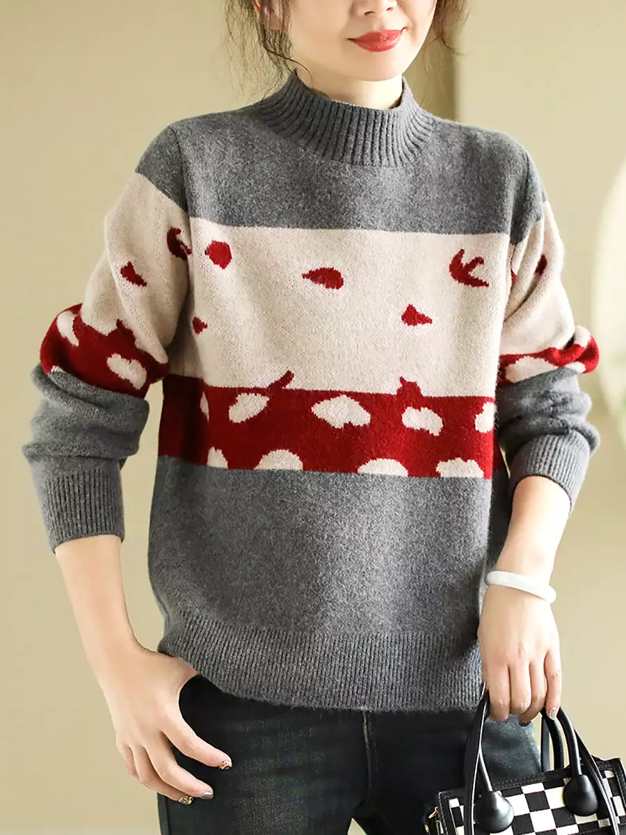 Women Artsy Print O-Neck Wool Knitted Sweater