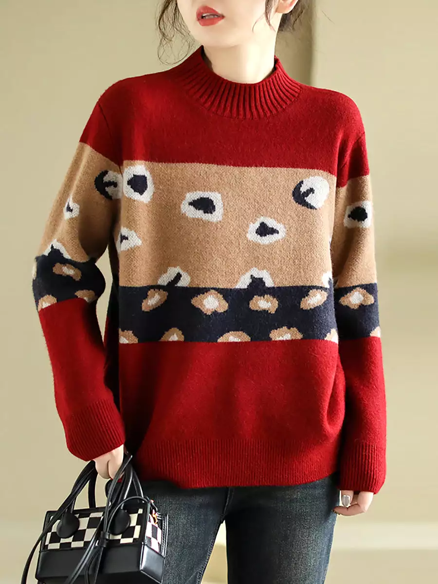 Women Artsy Print O-Neck Wool Knitted Sweater