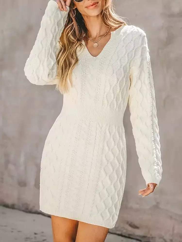 Women Autumn Cable Knitted Dress V-Neck Long Sleeved Slim Sweater Dresses For Women Bodycon Party Winter