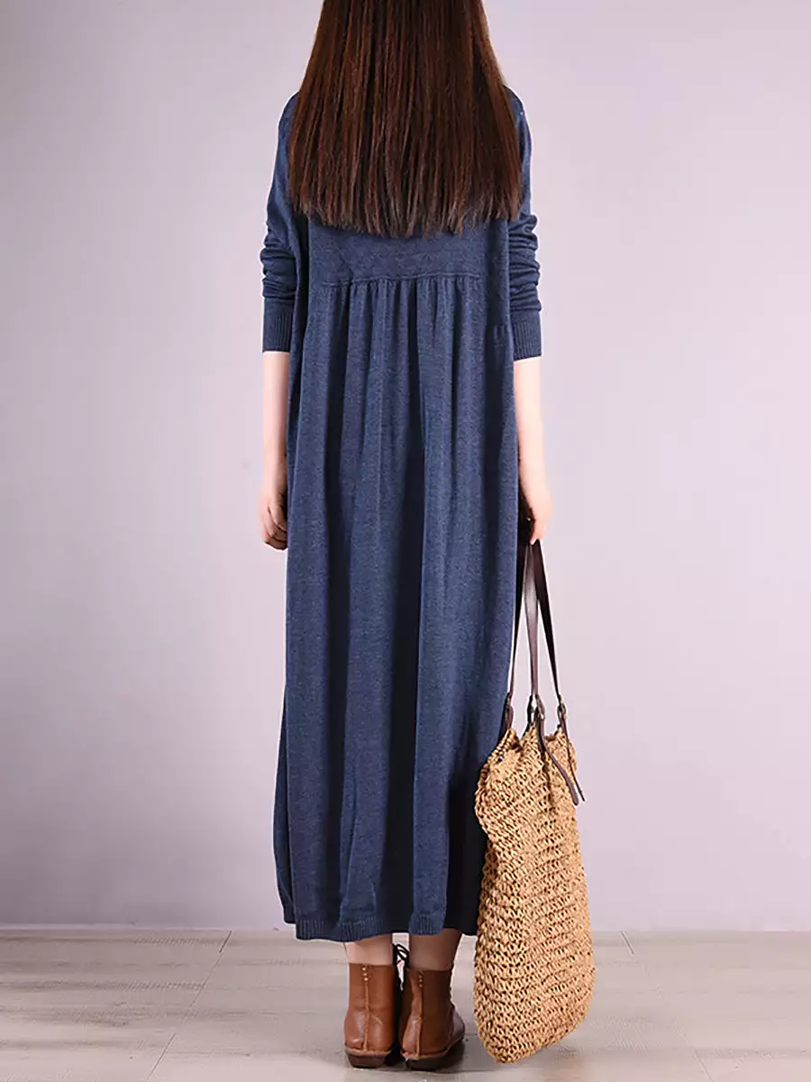 Women Autumn Vintage Pleated Solid Sweater Dress