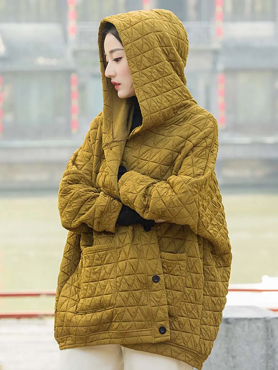 Women Button Pocket Hooded Coat