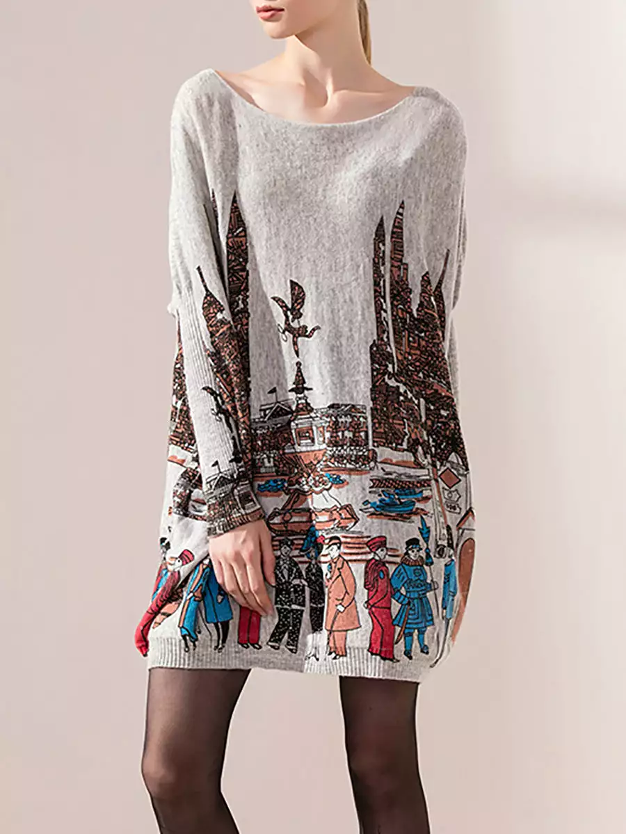 Women Casual Print Batwing Sleeve Sweater