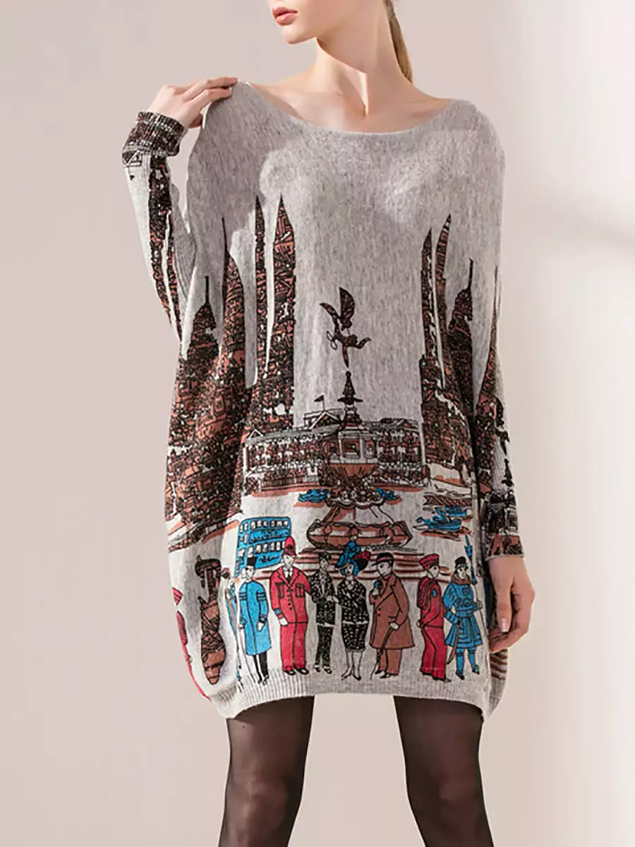 Women Casual Print Batwing Sleeve Sweater