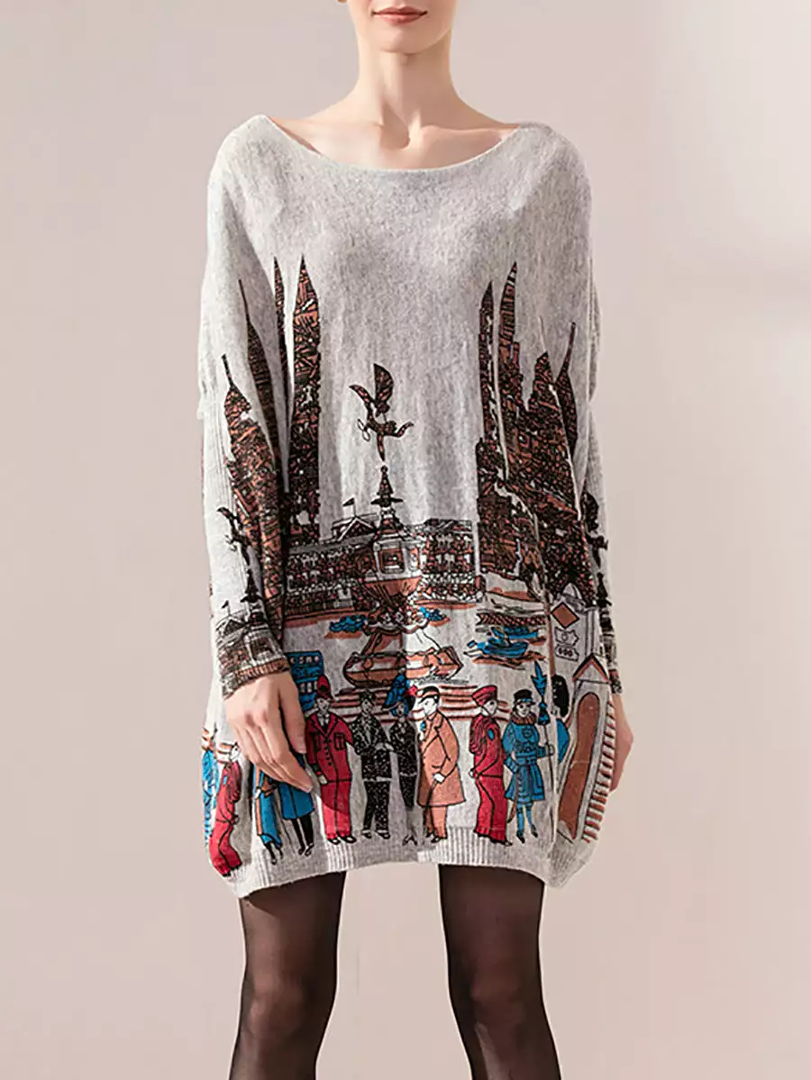 Women Casual Print Batwing Sleeve Sweater