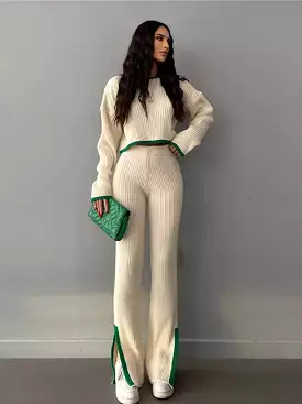 Women Casual Sweater Two Piece Set Female Loose Pullover And High Waist Slit Pants Knitted Suit