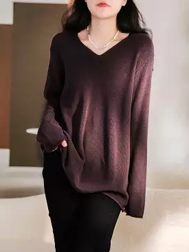 Women Casual V-Neck Solid Knitted Loose Sweater