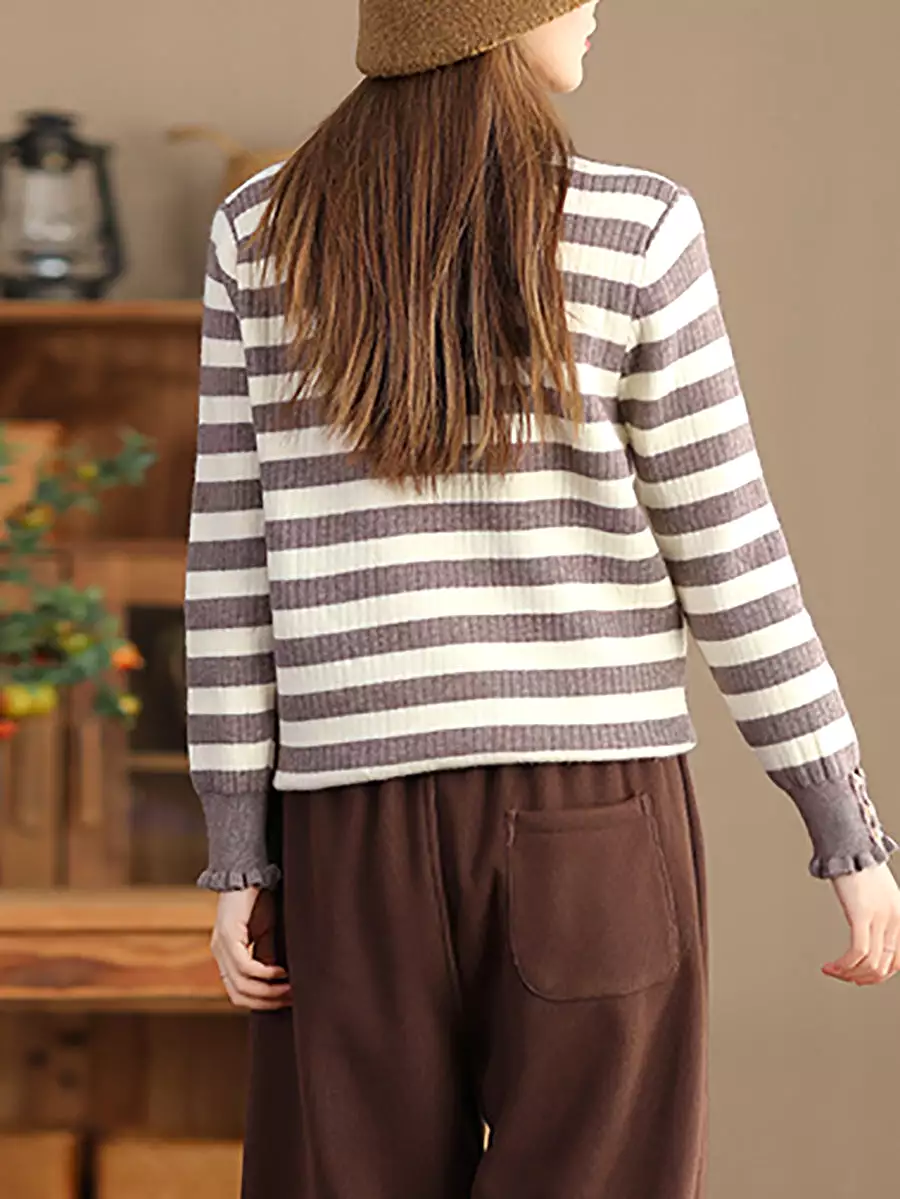 Women Casual Winter Stripe Knitted Lacework Sweater