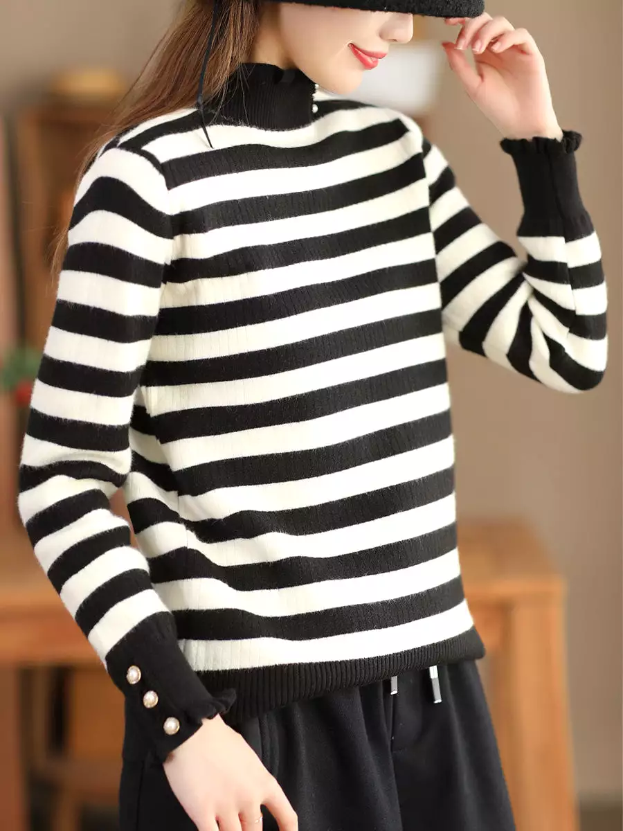 Women Casual Winter Stripe Knitted Lacework Sweater