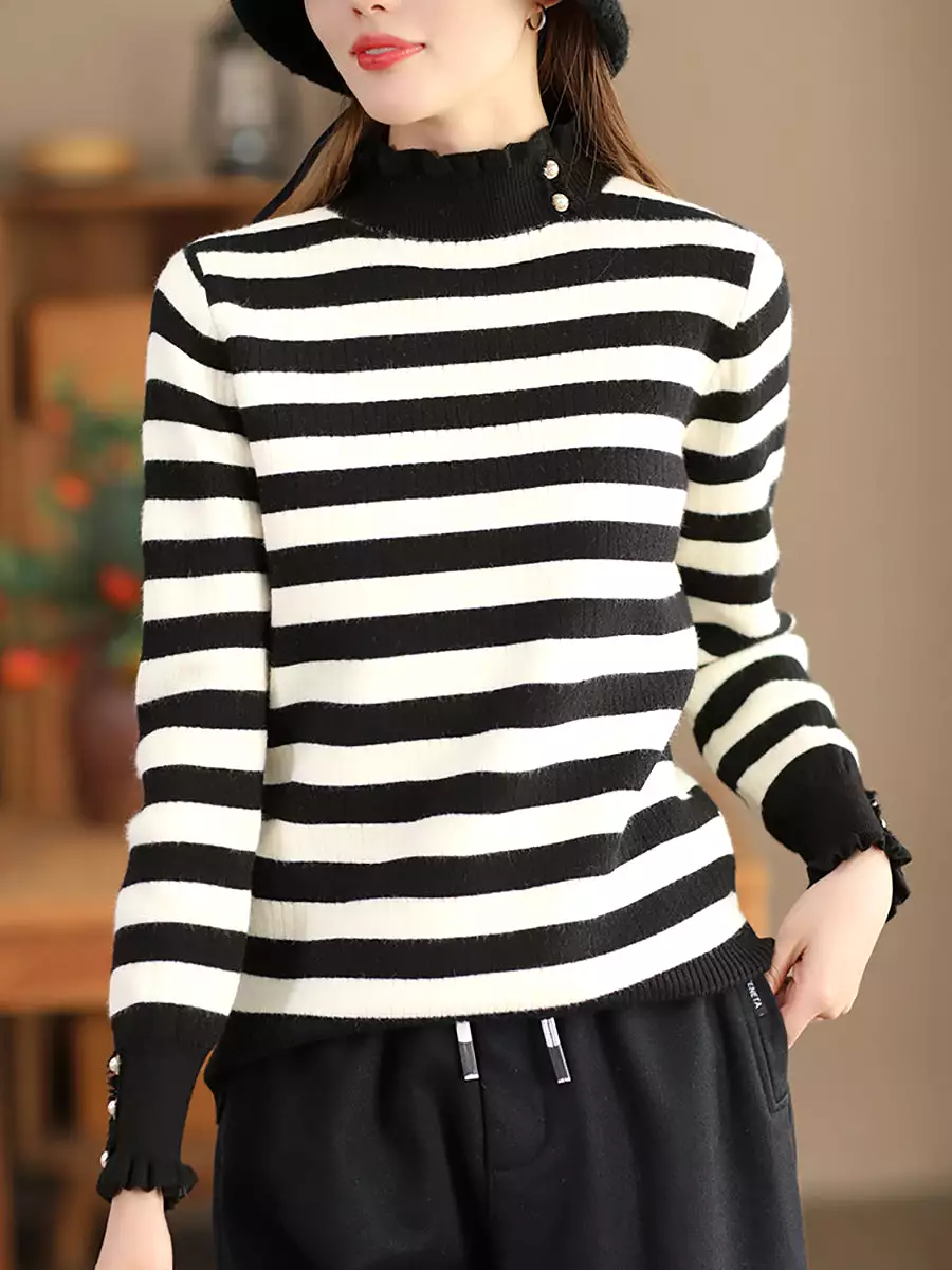 Women Casual Winter Stripe Knitted Lacework Sweater