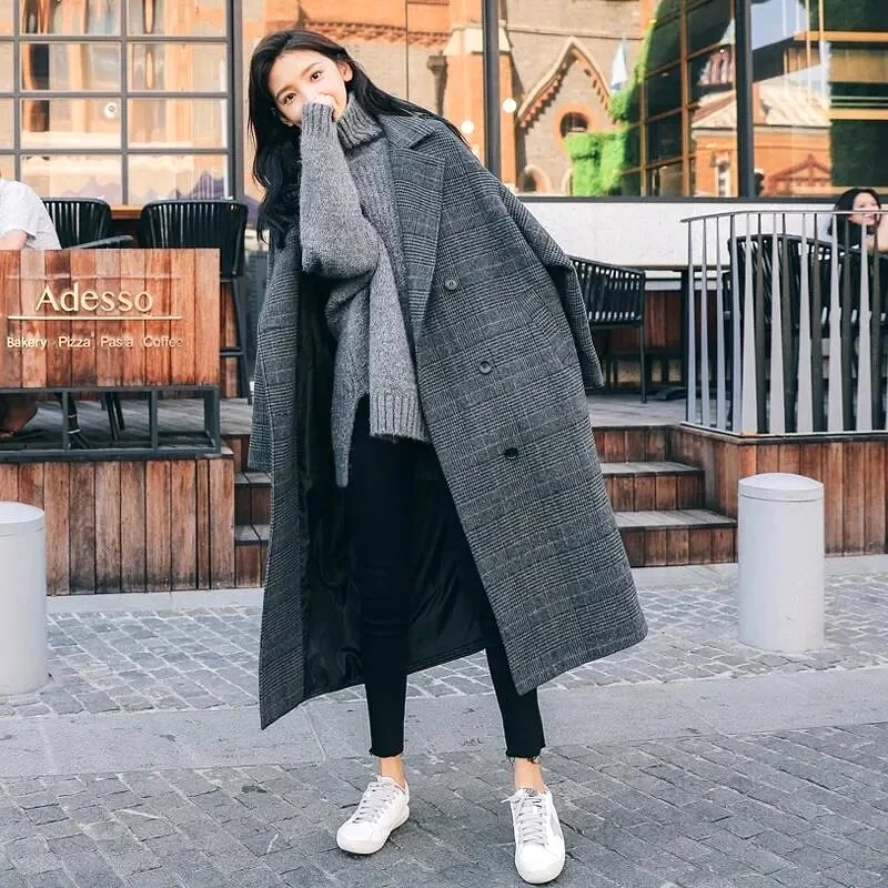 Women Coat Plaid Tweed Wool Warm Long Jackets Female Overcoat