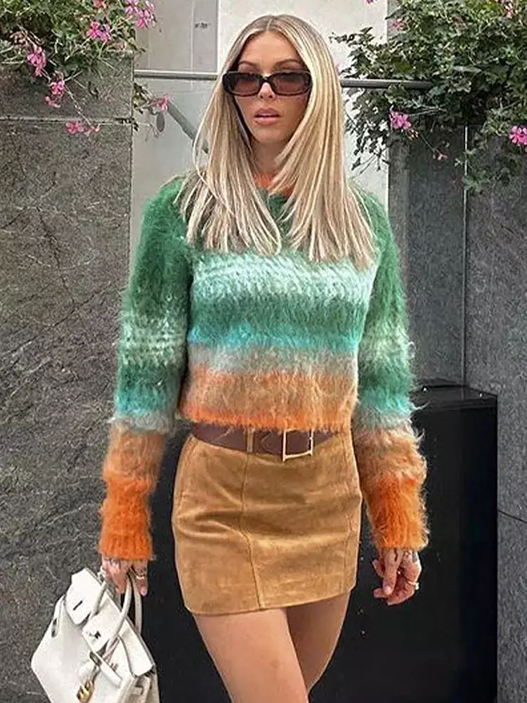 Women Contrast Color Mohair Tie Dye Sweater Loose Long Sleeve Knitted Pullover Tops