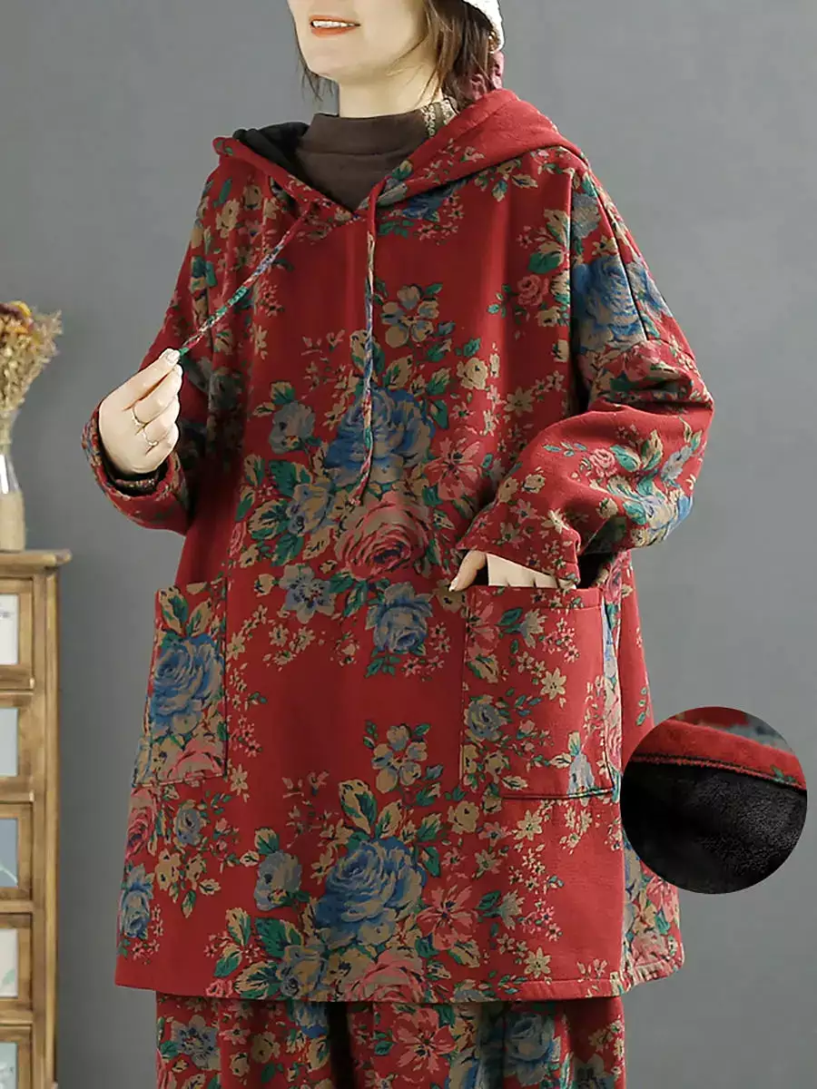 Women Floral Autumn Warm Hooded Shirt