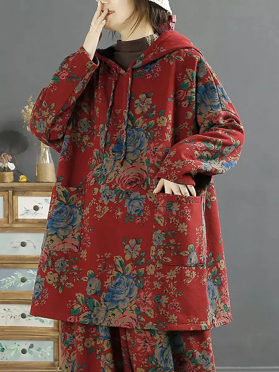 Women Floral Autumn Warm Hooded Shirt