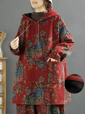 Women Floral Autumn Warm Hooded Shirt