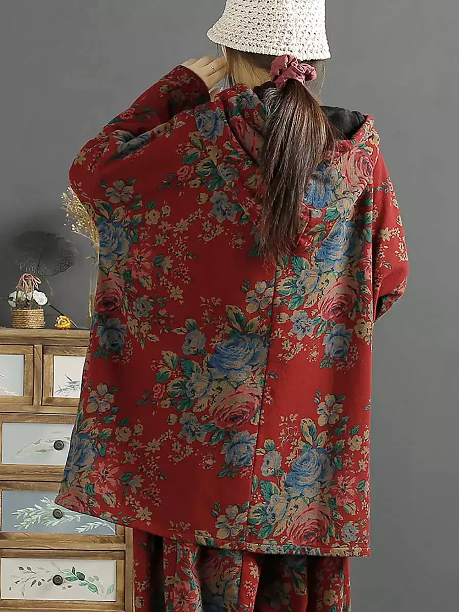 Women Floral Autumn Warm Hooded Shirt