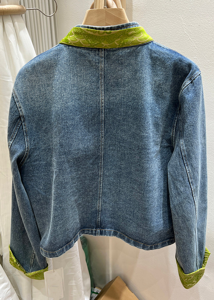 Women Green Stand Collar Chinese Button Denim Coat Spring QA1082