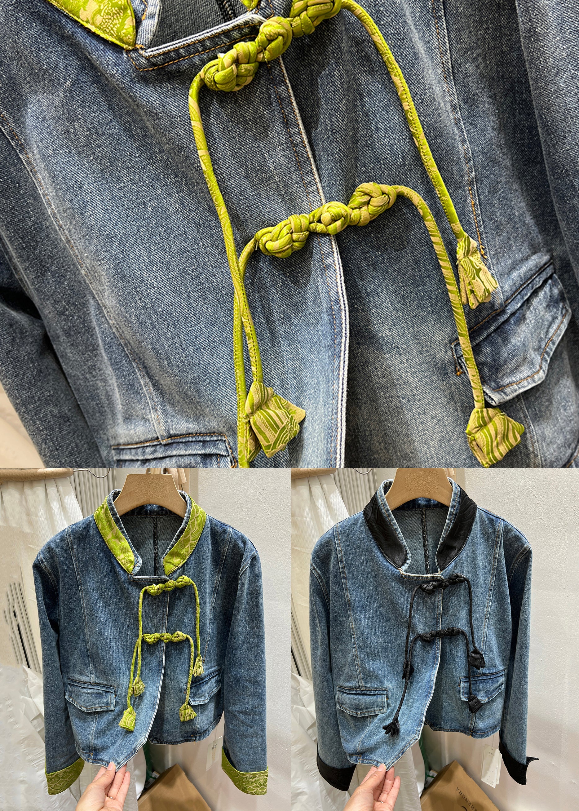 Women Green Stand Collar Chinese Button Denim Coat Spring QA1082