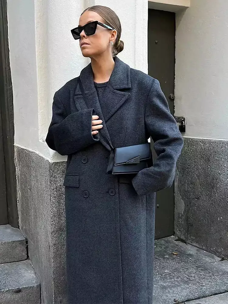 Women Lapel Collar Thicken Long Overcoat Loose Double Breasted Warm Pocket Coat