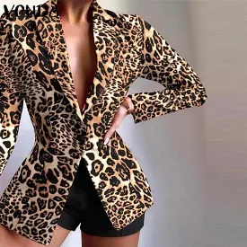 Women Leopard Print Blazer VONDA Sexy Long Sleeve Lapel Neck Coats Office Formal Coats Jackets Outerwear Veste Femininas S441652