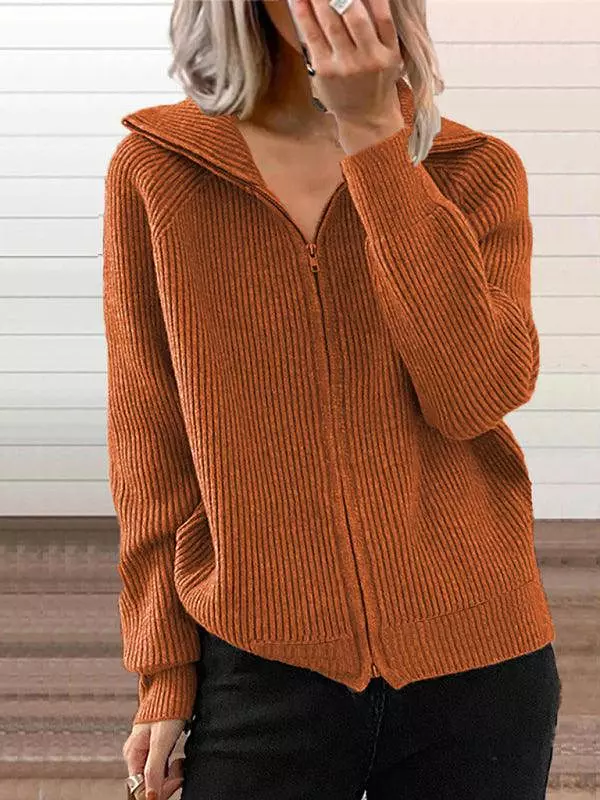 Women Loose Knitted Zipper Cardigan Sweater