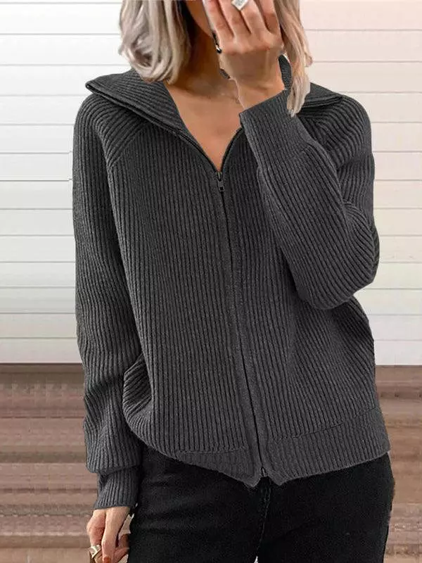 Women Loose Knitted Zipper Cardigan Sweater