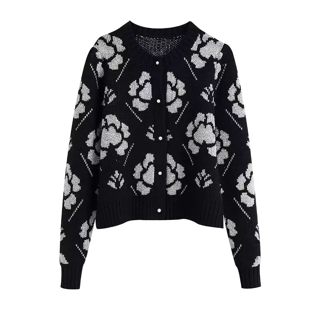 Women Metal Color Thread Floral Pattern Knitted Cardigans Sweater Female Long Sleeve Single Breasted Outerwear Tops