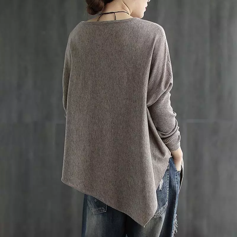 Women Pure Color Irregular Hem Sweater