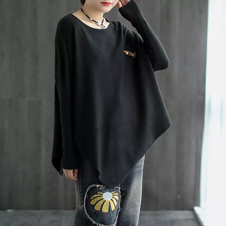 Women Pure Color Irregular Hem Sweater